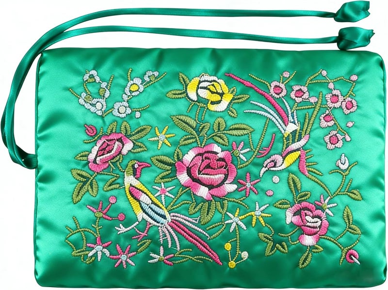 WEI LONG Jewelry Roll, Travel Jewelry Roll Bag,Silk Embroidery Brocade Jewelry Organizer Case with Tie Close (Blossom, Green) - Image 3